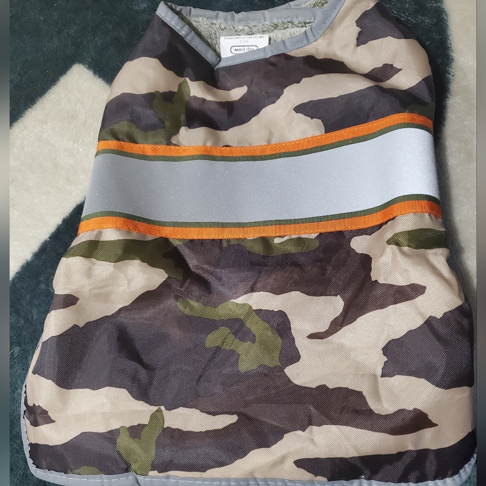 Camo Dog Jacket with Orange and Gray Stripes